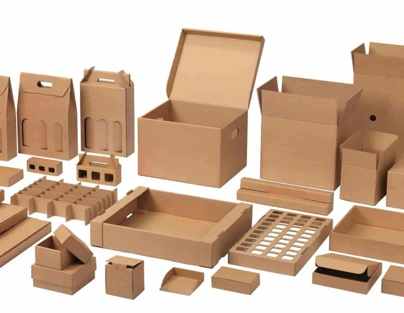 Close-up of corrugated board texture and printed carton samples